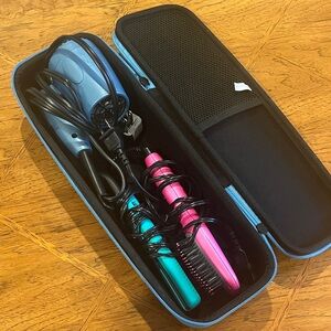 Set of travel hair accessories, blow dryer, straightener, hot brush, hard bag
